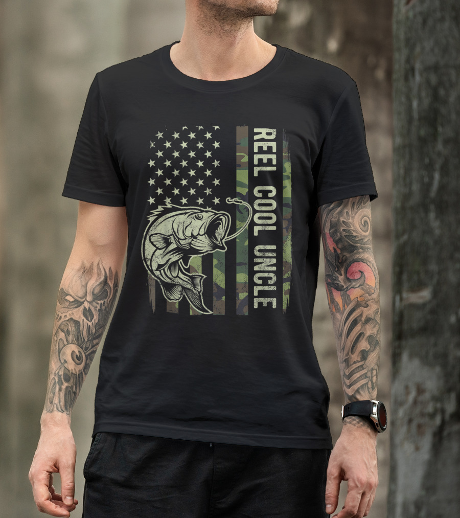 Reel Cool Uncle Camouflage American Flag Patriotic Fishing Bass T-Shirt