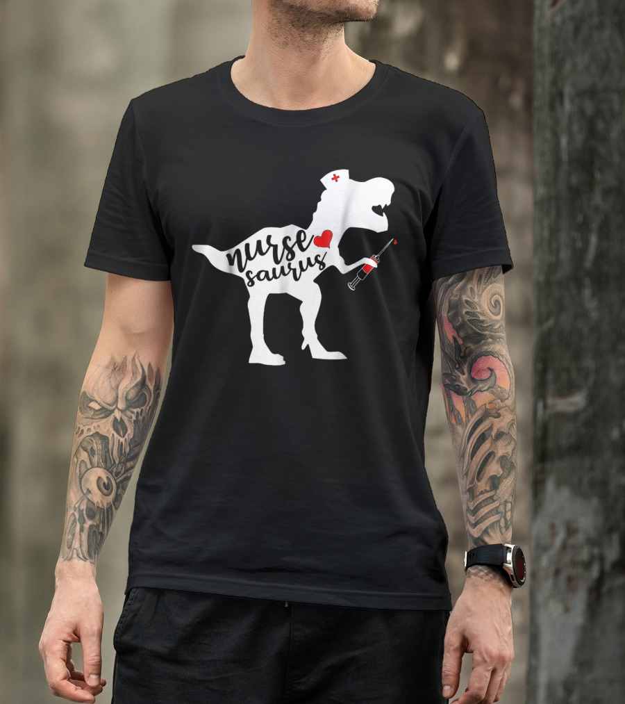 Nurse Saurus Dinosaur With Nurse Cap And Heart Syringe T-Shirt