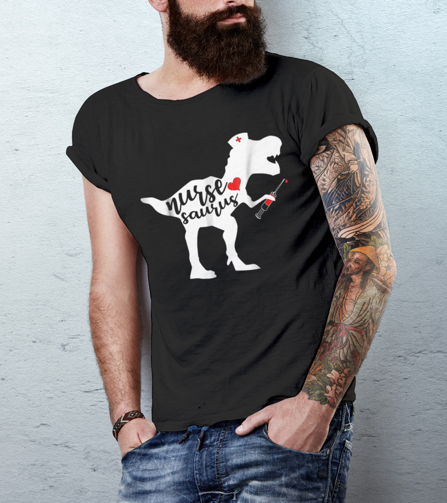 Nurse Saurus Dinosaur With Nurse Cap And Heart Syringe T-Shirt