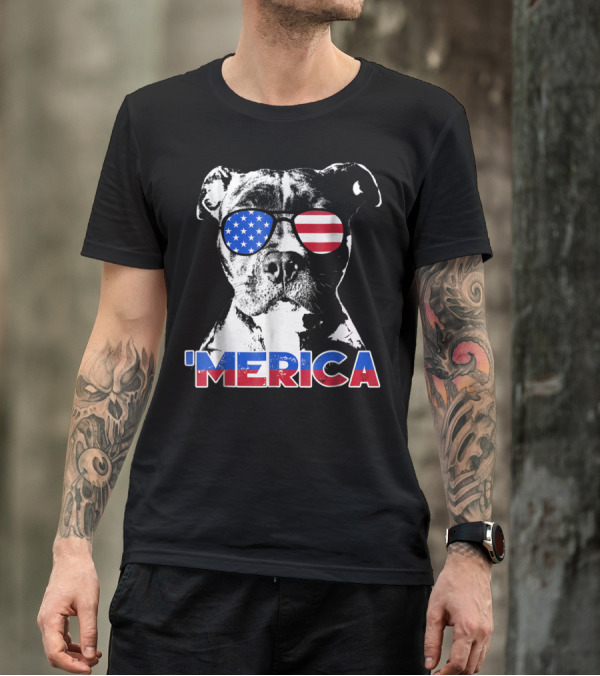 Patriot Pitbull 'Merica With American Flag Sunglasses T-Shirt