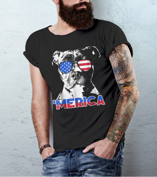 Patriot Pitbull 'Merica With American Flag Sunglasses T-Shirt