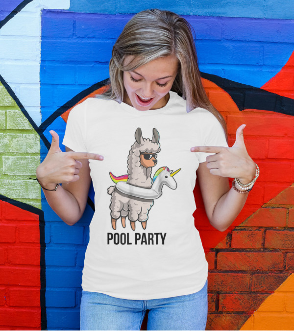 Pool Party Llama With Unicorn Float Funny Llama T-Shirt