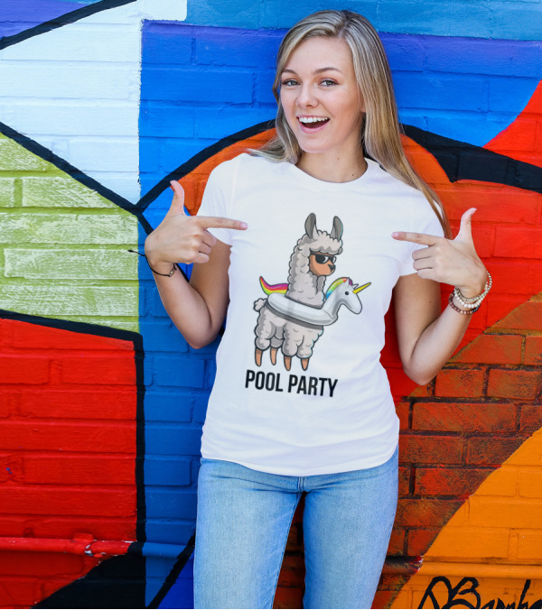 Pool Party Llama With Unicorn Float Funny Llama T-Shirt