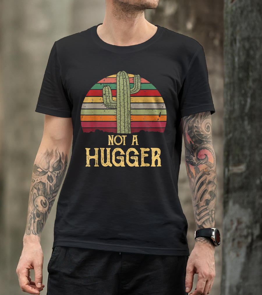Retro Cactus Sarcastic Not A Hugger Succulent Stripes T-Shirt