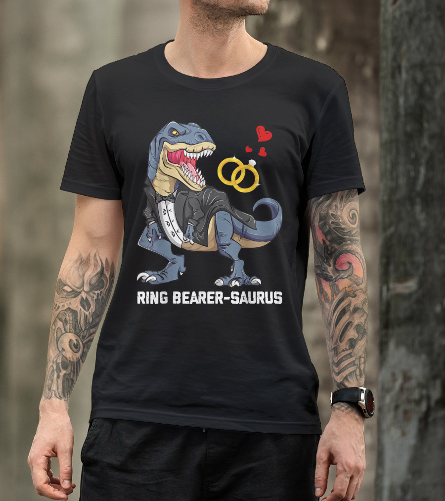 Rex Dinosaur Ring Bearer Saurus In Tuxedo With Wedding Rings And Hearts T-Shirt