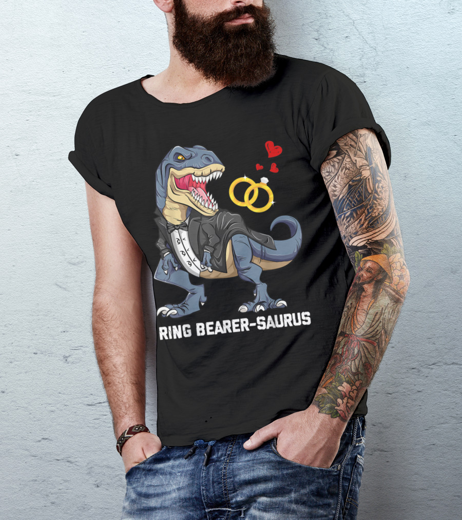 Rex Dinosaur Ring Bearer Saurus In Tuxedo With Wedding Rings And Hearts T-Shirt