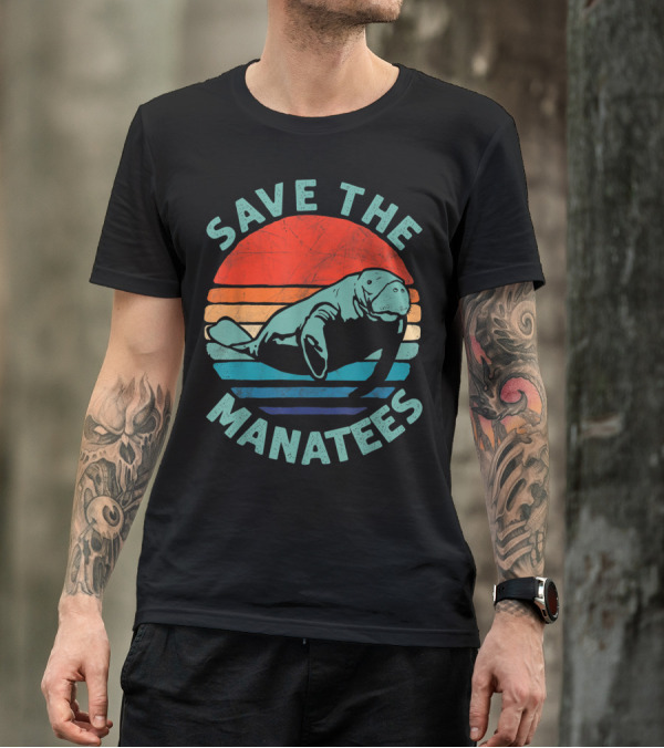Save The Manatees Retro Stripes Sunset T-Shirt
