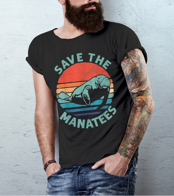 Save The Manatees Retro Stripes Sunset T-Shirt