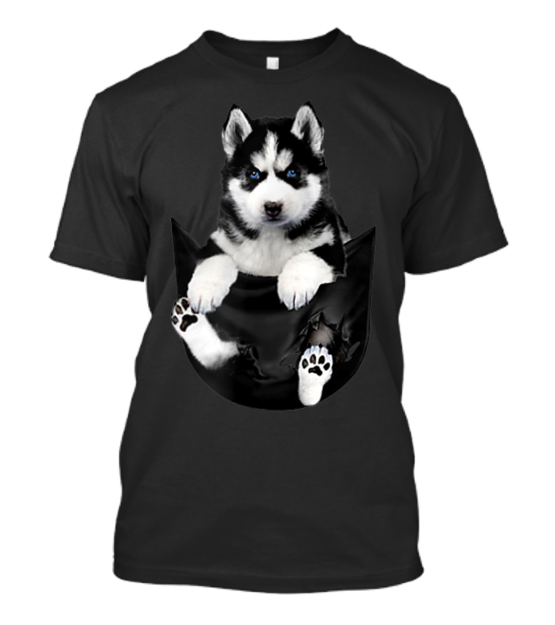 Siberian Husky Puppy Peeking Out Of Pocket T-Shirt