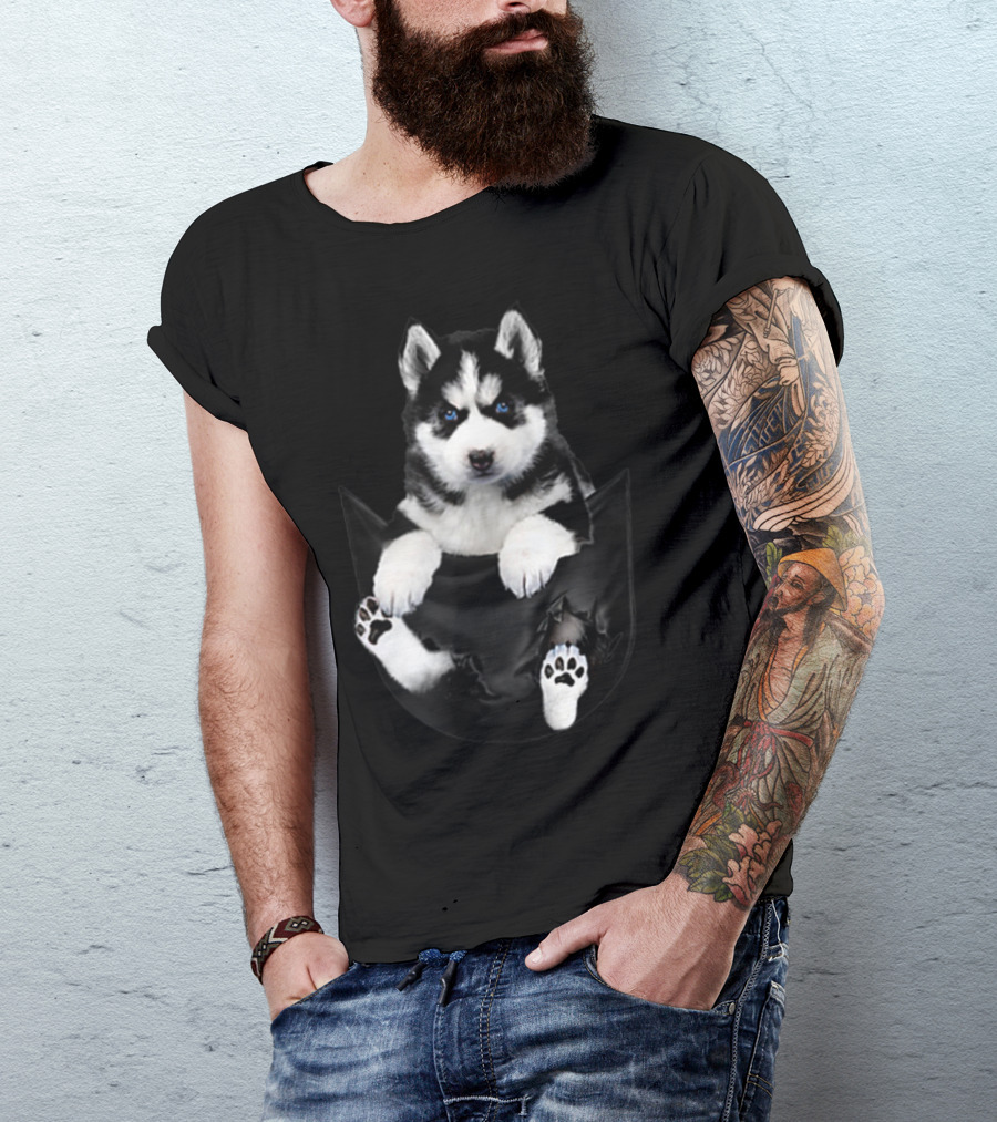 Siberian Husky Puppy Peeking Out Of Pocket T-Shirt
