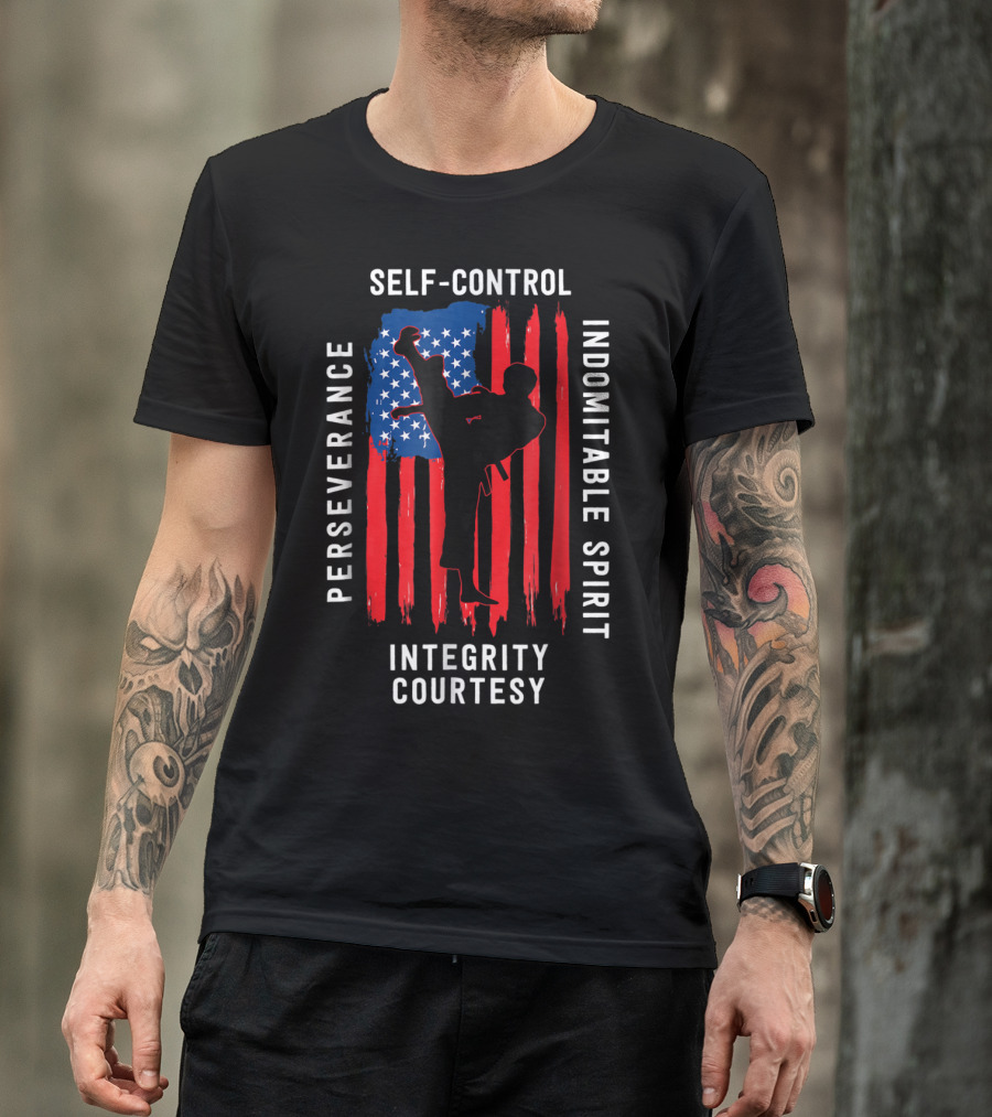Taekwondo USA Flag Perseverance Courtesy Integrity Self-Control Indomitable Spirit T-Shirt