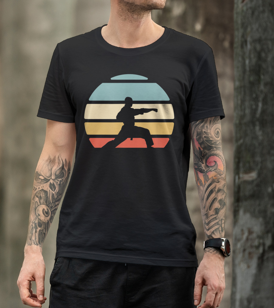 Karate Martial Arts Silhouette Retro Sunset Stripes T-Shirt