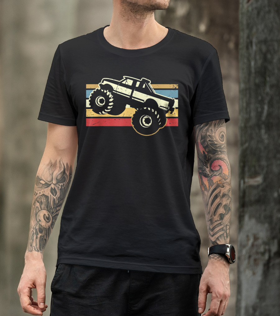 Vintage Monster Truck Retro Stripes Men Boy T-Shirt