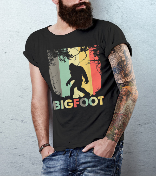 Bigfoot Silhouette Retro Forest Stripes T-Shirt