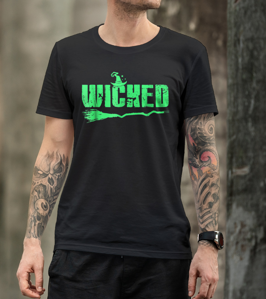 Wicked Green Witch Hat Broomstick Halloween Magic T-Shirt