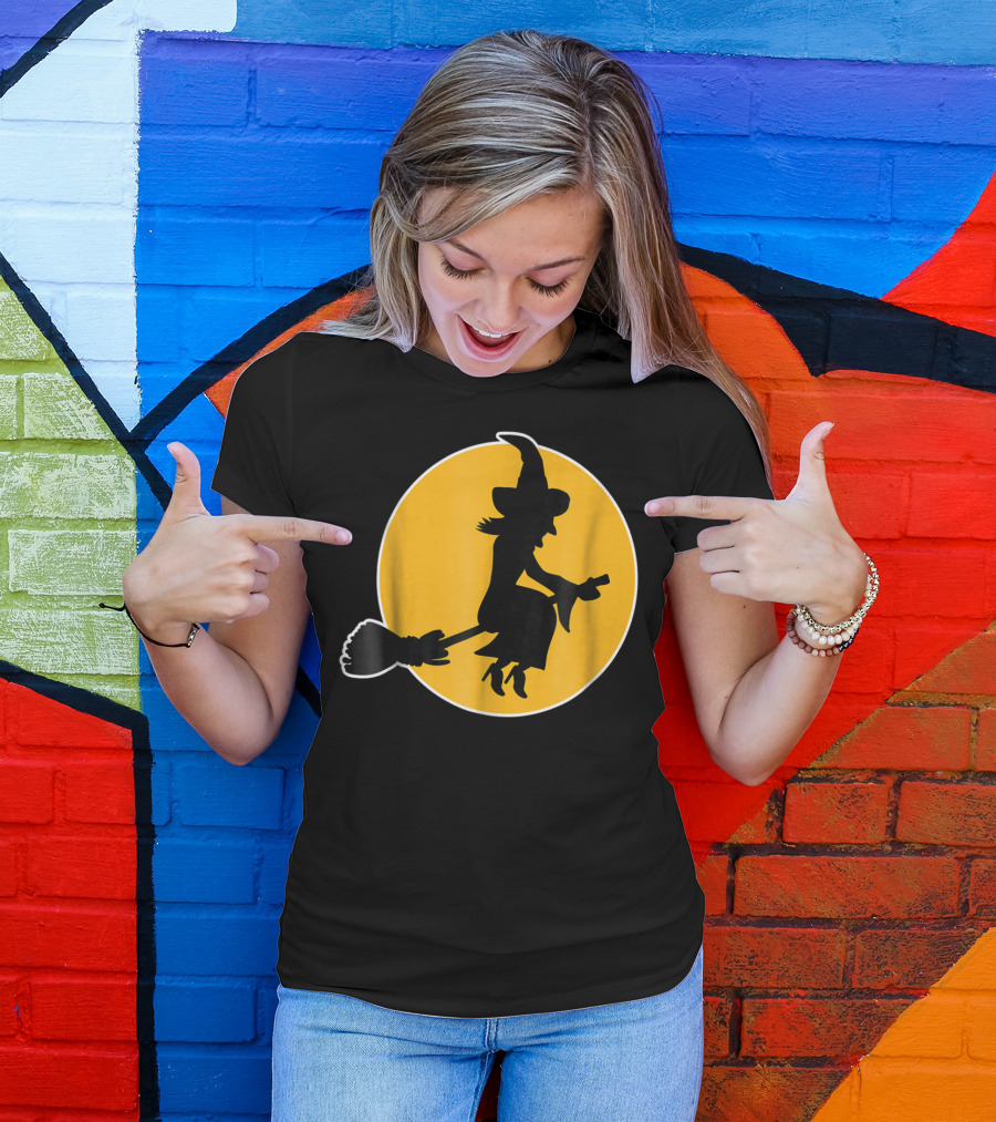 Witch Silhouette Flying Over Yellow Moon T-Shirt