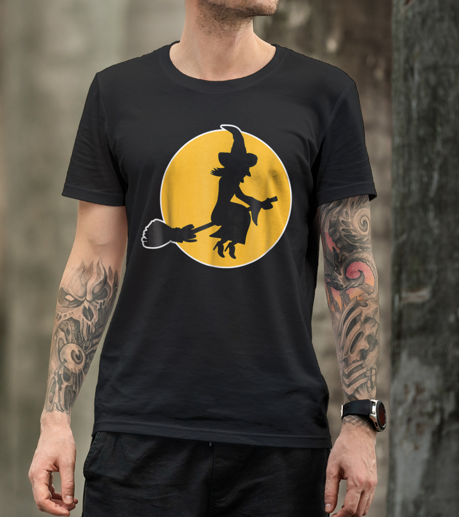 Witch Silhouette Flying Over Yellow Moon T-Shirt