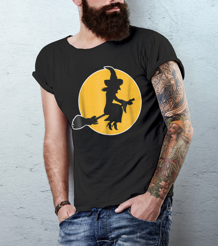 Witch Silhouette Flying Over Yellow Moon T-Shirt