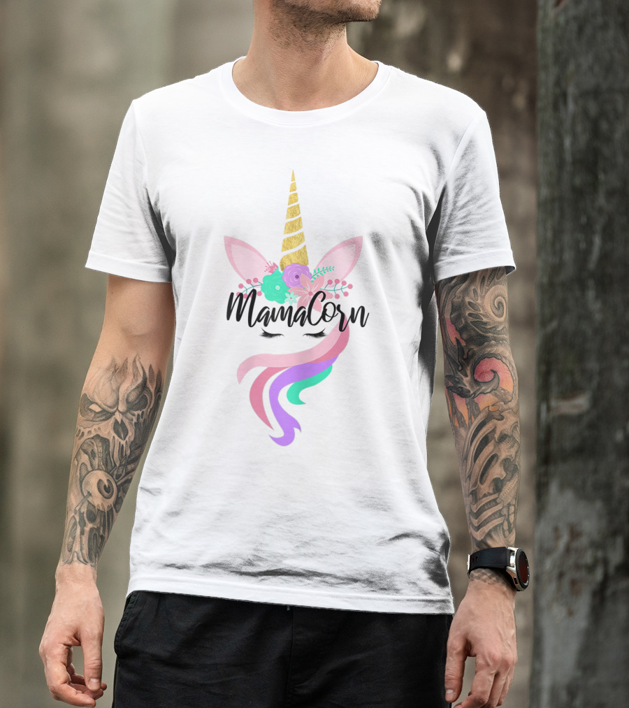 Mamacorn Cute Unicorn Gold Horn Floral Ears Rainbow Mane T-Shirt