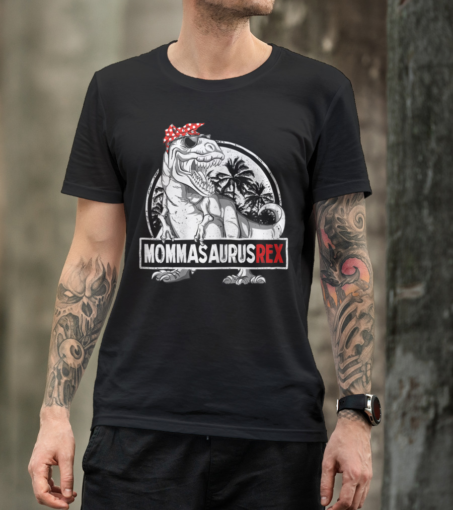Mommasaurus Rex Dinosaur With Red Bandana And Palm Trees T-Shirt