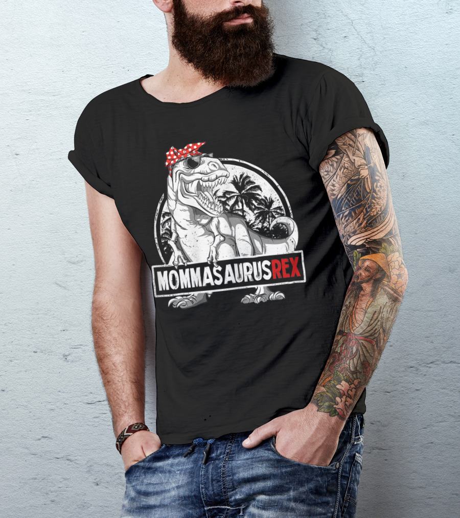 Mommasaurus Rex Dinosaur With Red Bandana And Palm Trees T-Shirt