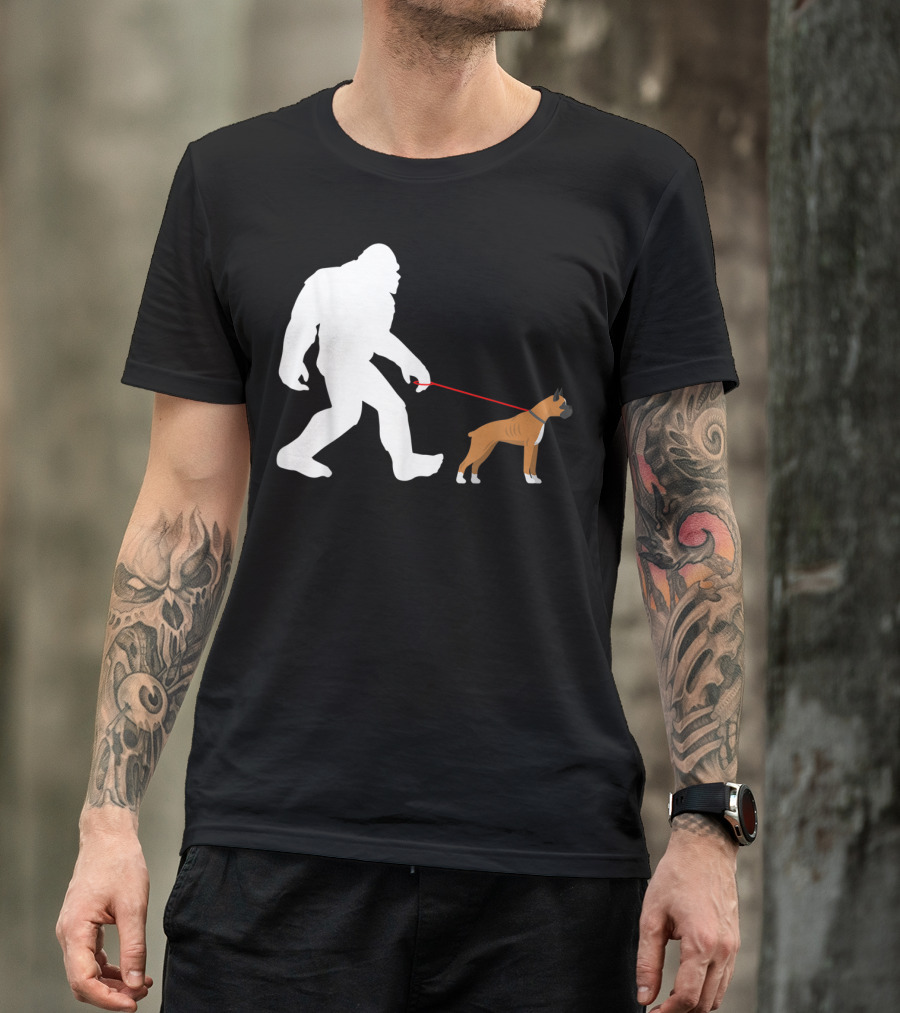 Bigfoot Sasquatch Walking Boxer Dog Novelty T-Shirt