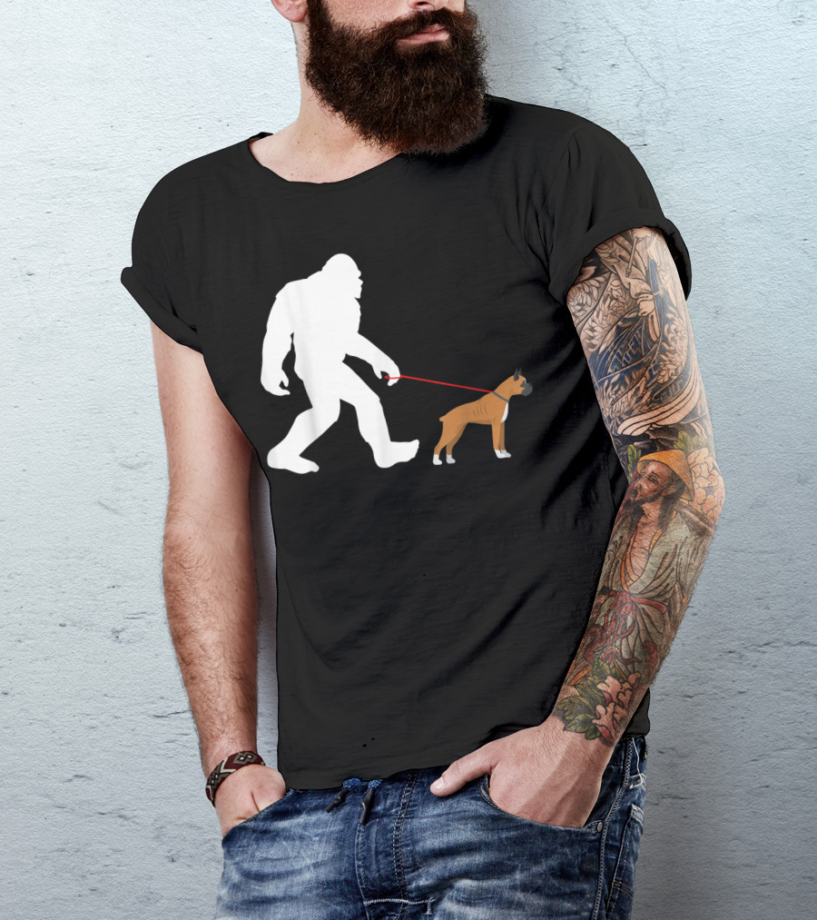 Bigfoot Sasquatch Walking Boxer Dog Novelty T-Shirt