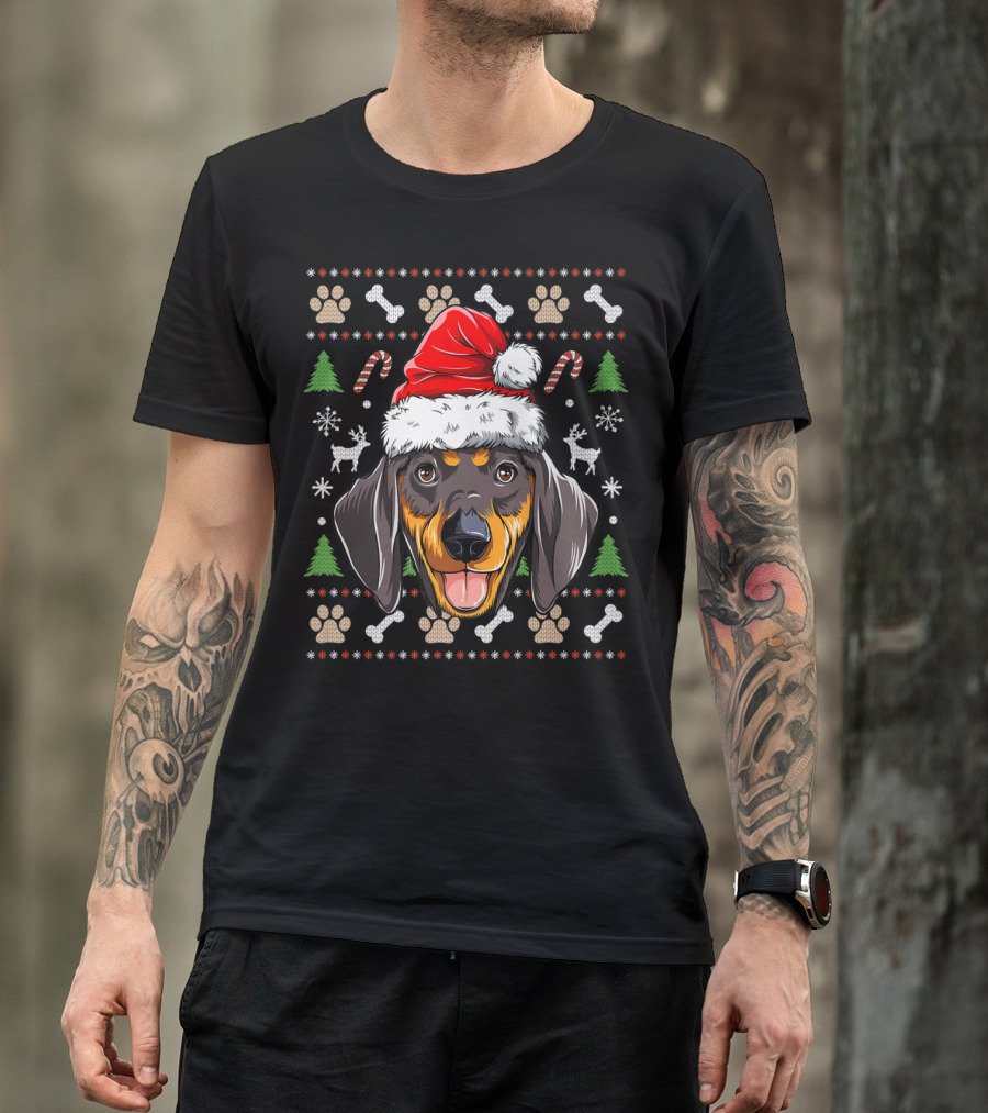 Dachshund Christmas Santa Hat Ugly Sweater Dog With Trees And Candy Canes T-Shirt