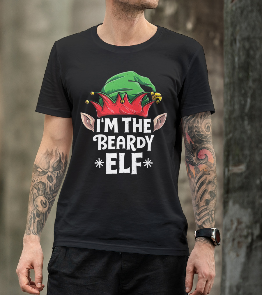 I'm The Beardy Elf With Festive Green Hat And Red Jingle Bell Motif T-Shirt