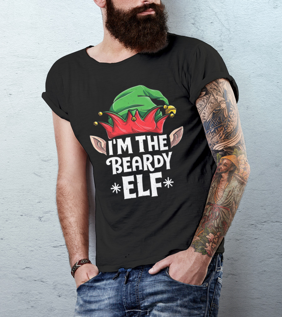 I'm The Beardy Elf With Festive Green Hat And Red Jingle Bell Motif T-Shirt