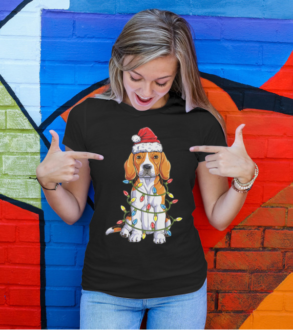 Beagle Santa Hat Wrapped In Christmas Tree Lights T-Shirt
