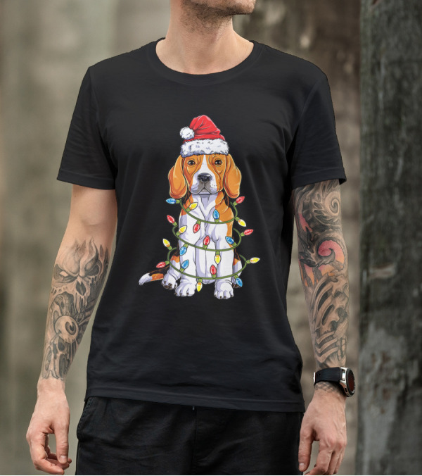 Beagle Santa Hat Wrapped In Christmas Tree Lights T-Shirt