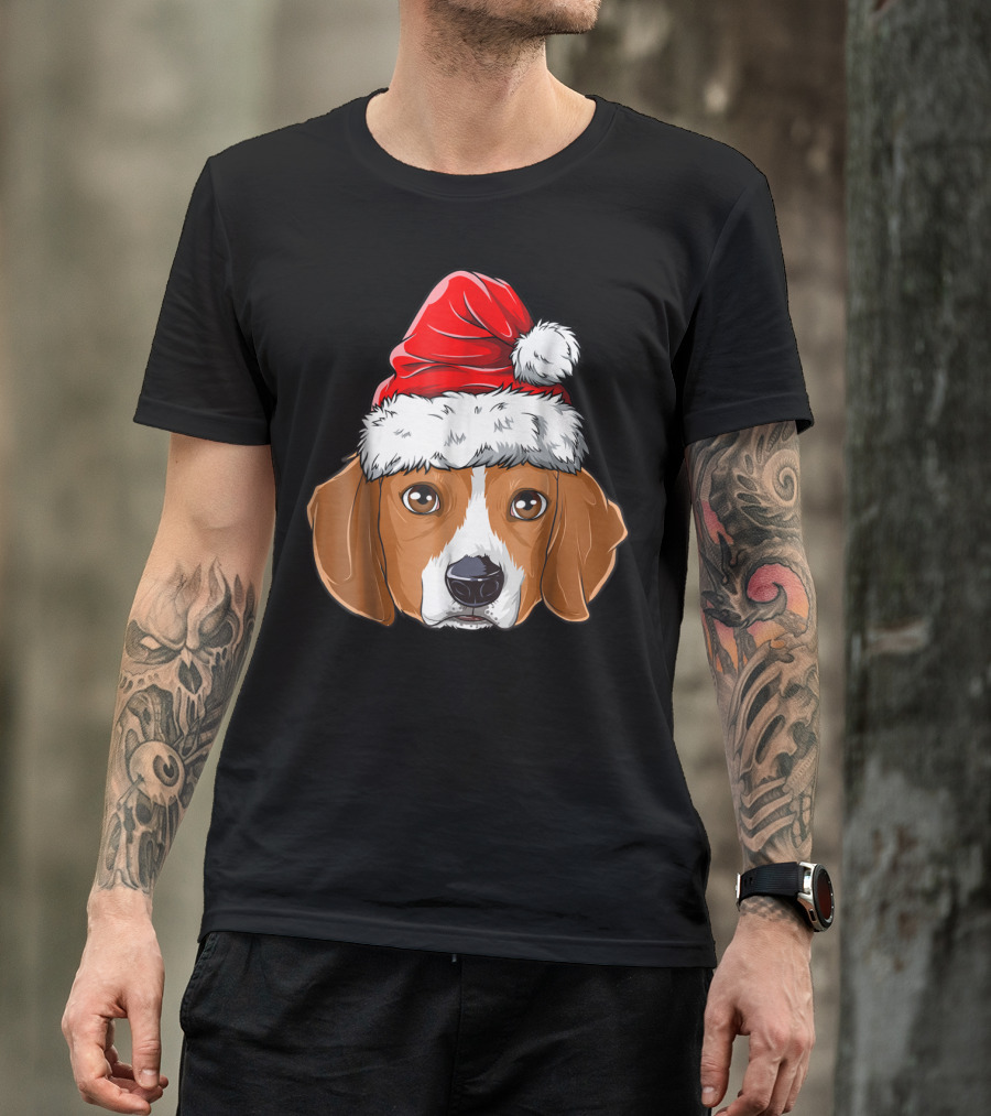 Santa Beagle In Red Christmas Hat T-Shirt