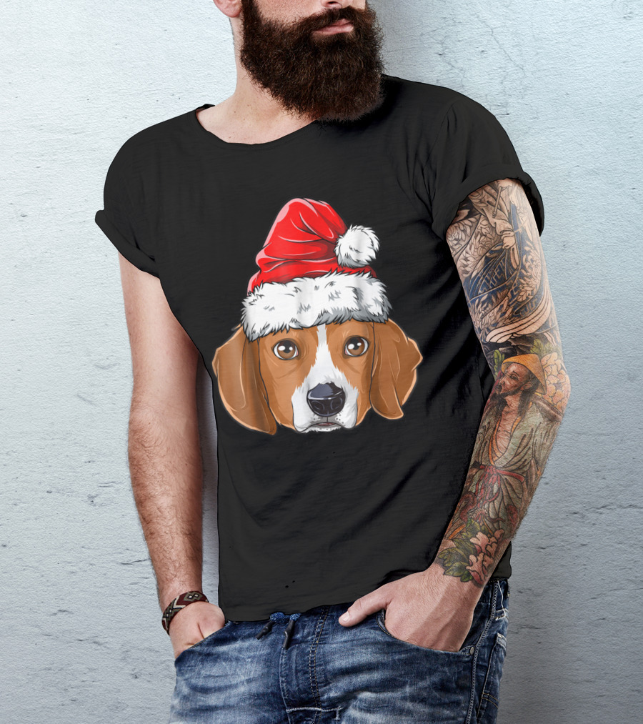 Santa Beagle In Red Christmas Hat T-Shirt