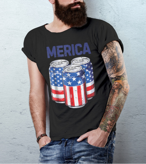 Merica Beer Cans American Flag 4th Of July T-Shirt