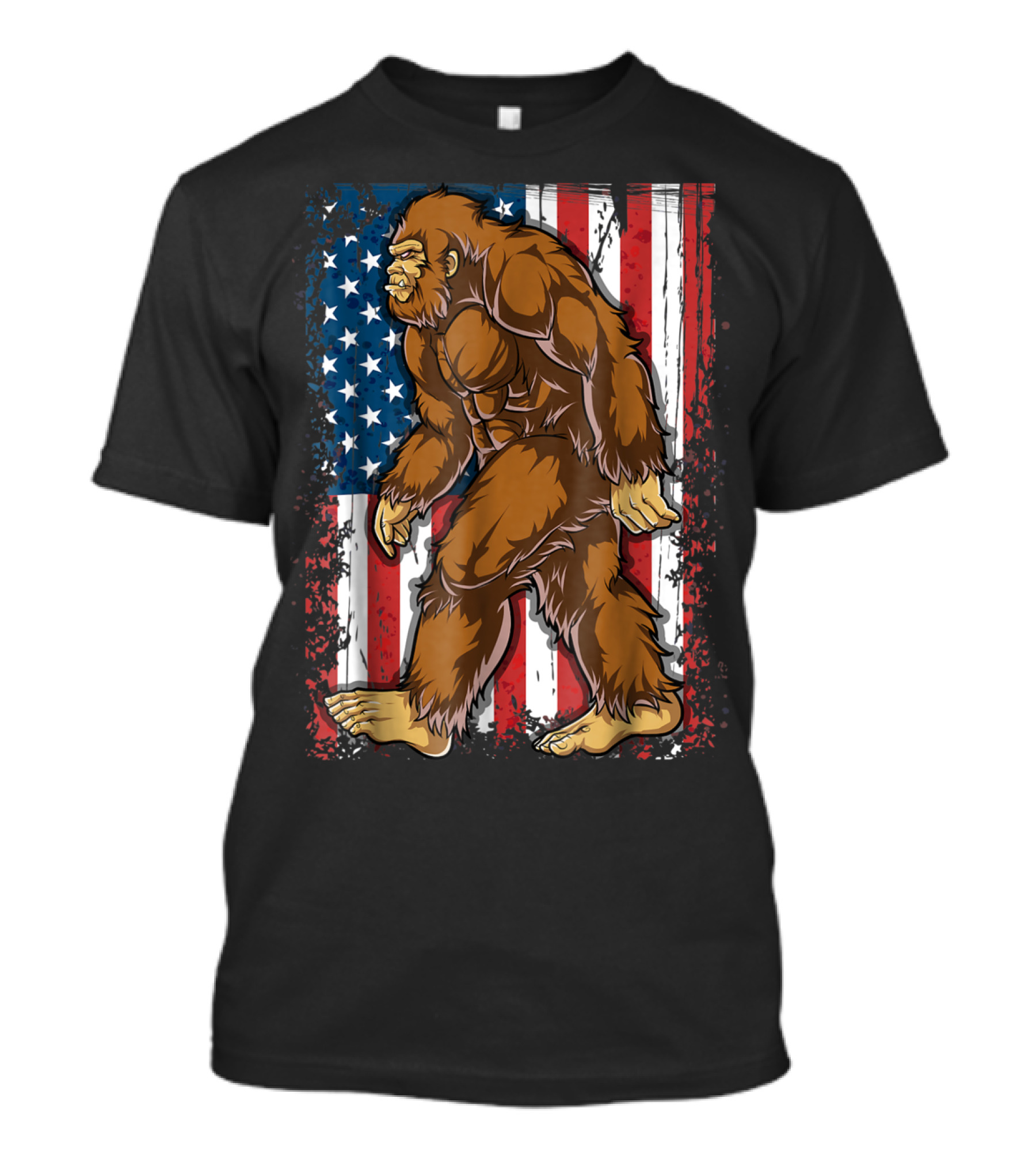Bigfoot Walking Across American Flag For 4th Of July T-Shirt