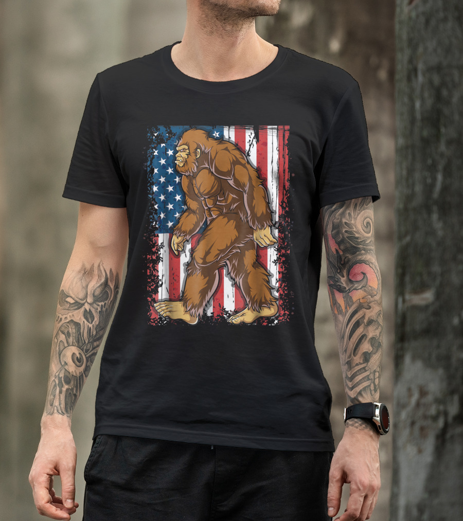 Bigfoot Walking Across American Flag For 4th Of July T-Shirt