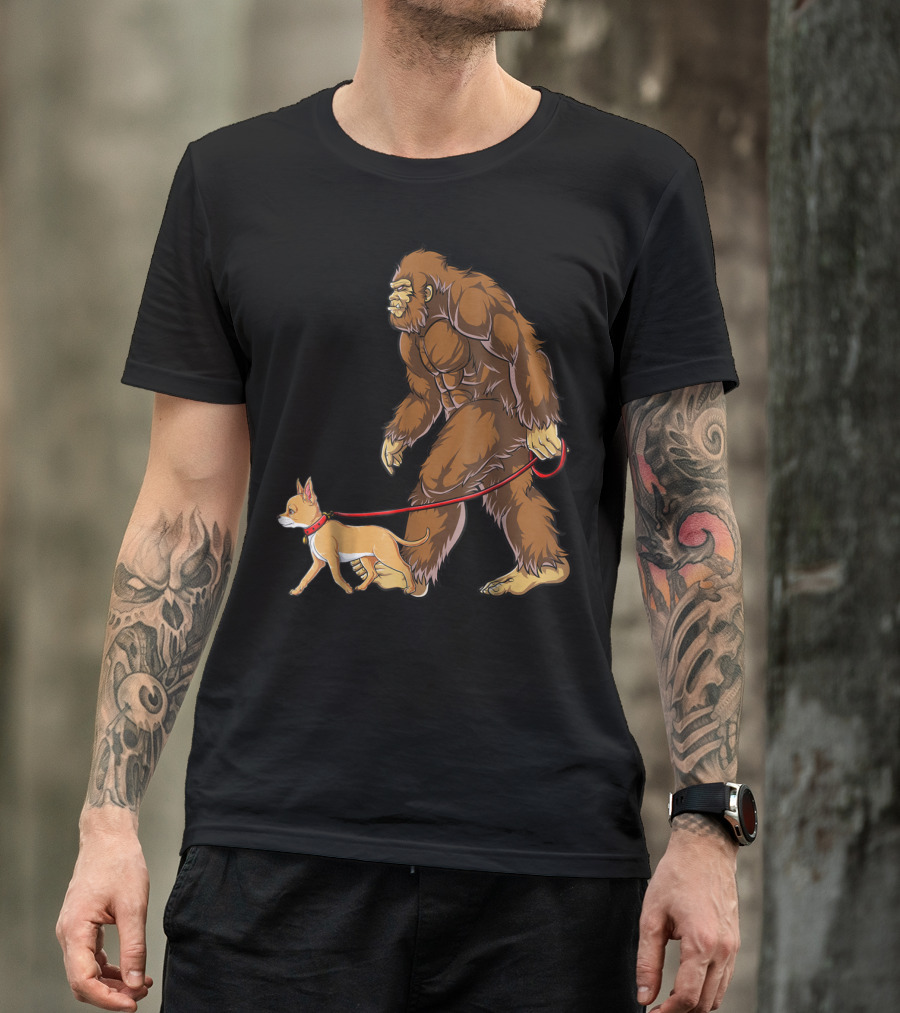 Bigfoot Sasquatch Walking Chihuahua Dog Sighted T-Shirt