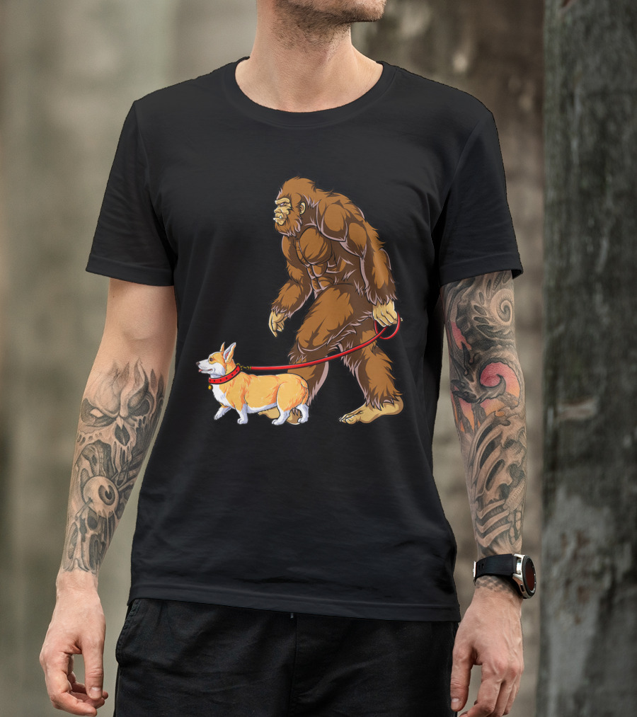 Bigfoot Walking Corgi Sasquatch Dog Walk T-Shirt