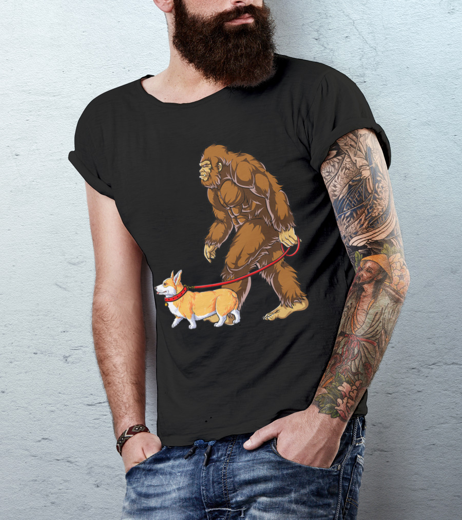 Bigfoot Walking Corgi Sasquatch Dog Walk T-Shirt
