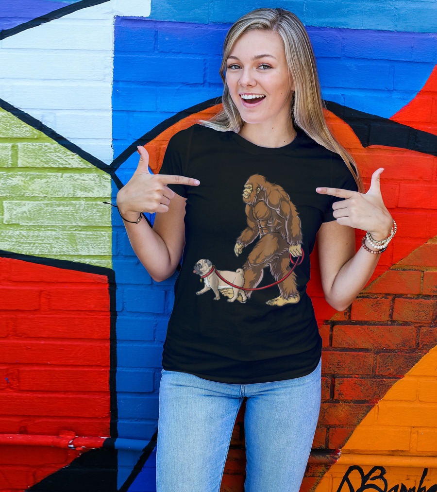 Bigfoot Sasquatch Walking Pug Dog T-Shirt