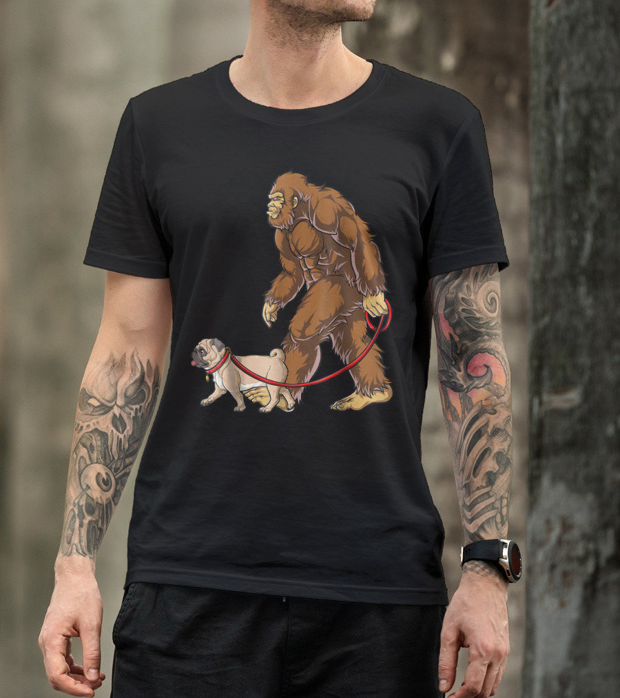 Bigfoot Sasquatch Walking Pug Dog T-Shirt