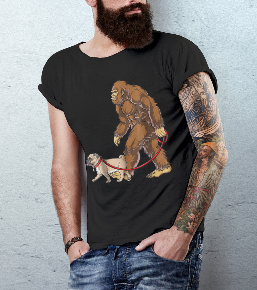 Bigfoot Sasquatch Walking Pug Dog T-Shirt