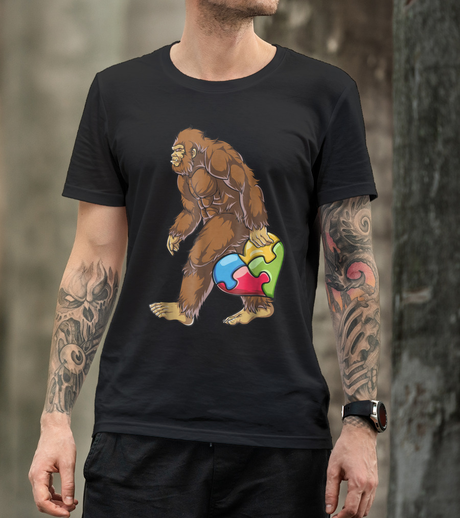 Bigfoot Carrying Heart Puzzle Piece Autism Awareness T-Shirt