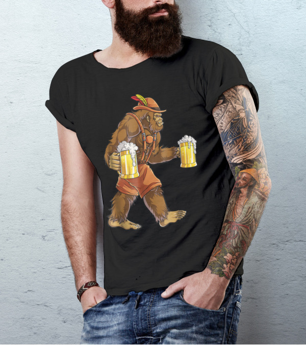 Bigfoot Lederhosen Oktoberfest Prost Beer Mug Bavarian Hat T-Shirt