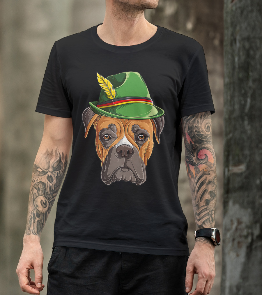 Boxer Dog Oktoberfest Green Hat Feather Lederhosen T-Shirt