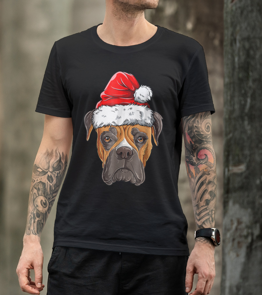 Boxer Dog Wearing Santa Hat Holiday Fun T-Shirt