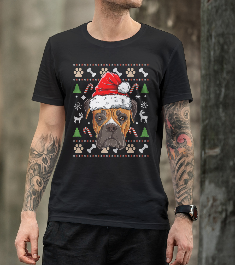 Boxer Ugly Christmas Sweater Santa Hat Xmas Dog Boys Candy Cane Snowflakes T-Shirt