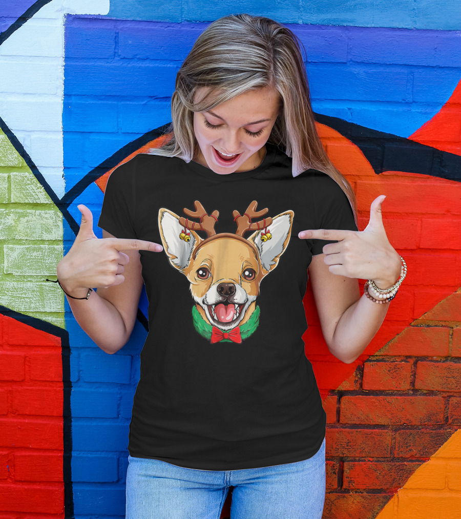 Chihuahua Christmas Reindeer Antlers Bowtie Dog Xmas LC T-Shirt