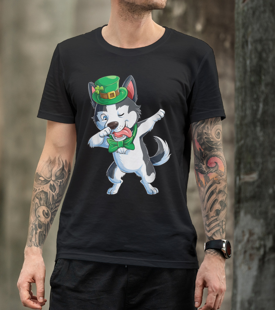 St. Patrick's Day Dabbing Siberian Husky With Green Hat And Bow Tie T-Shirt